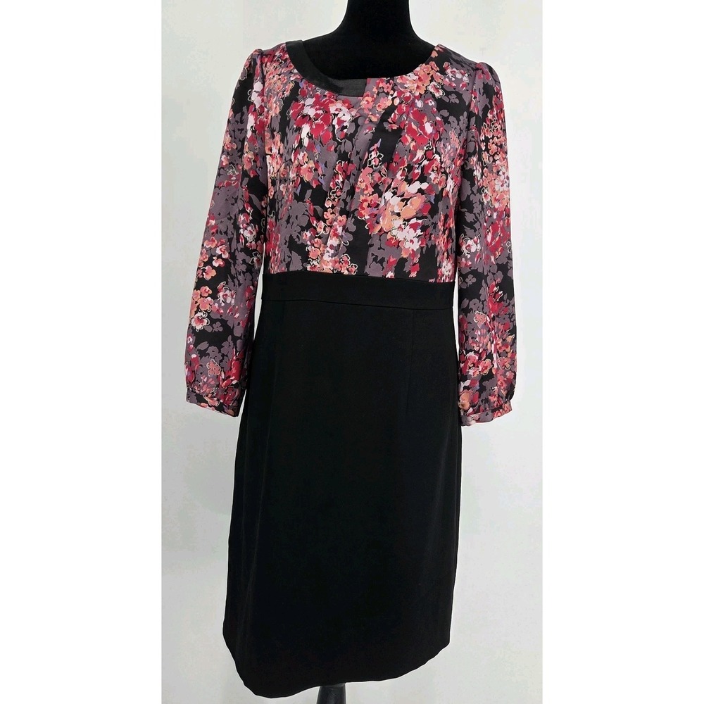Vintage Kaiser Floral Dress Medium Black Puff Sleeve Knee Length Fit & Flare